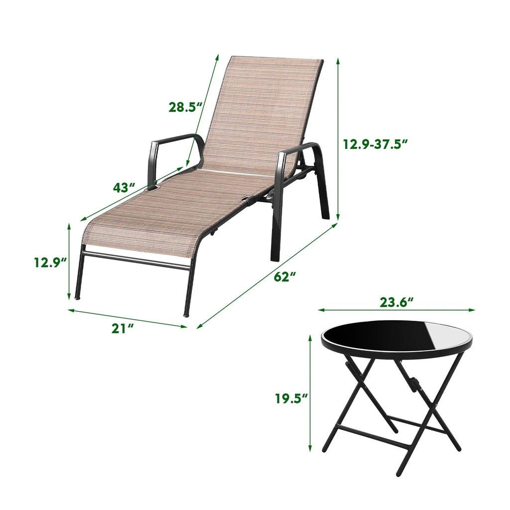 3 Pcs Adjustable Steel Outdoor Chaise Lounge Set with Tempered Glass K572370
