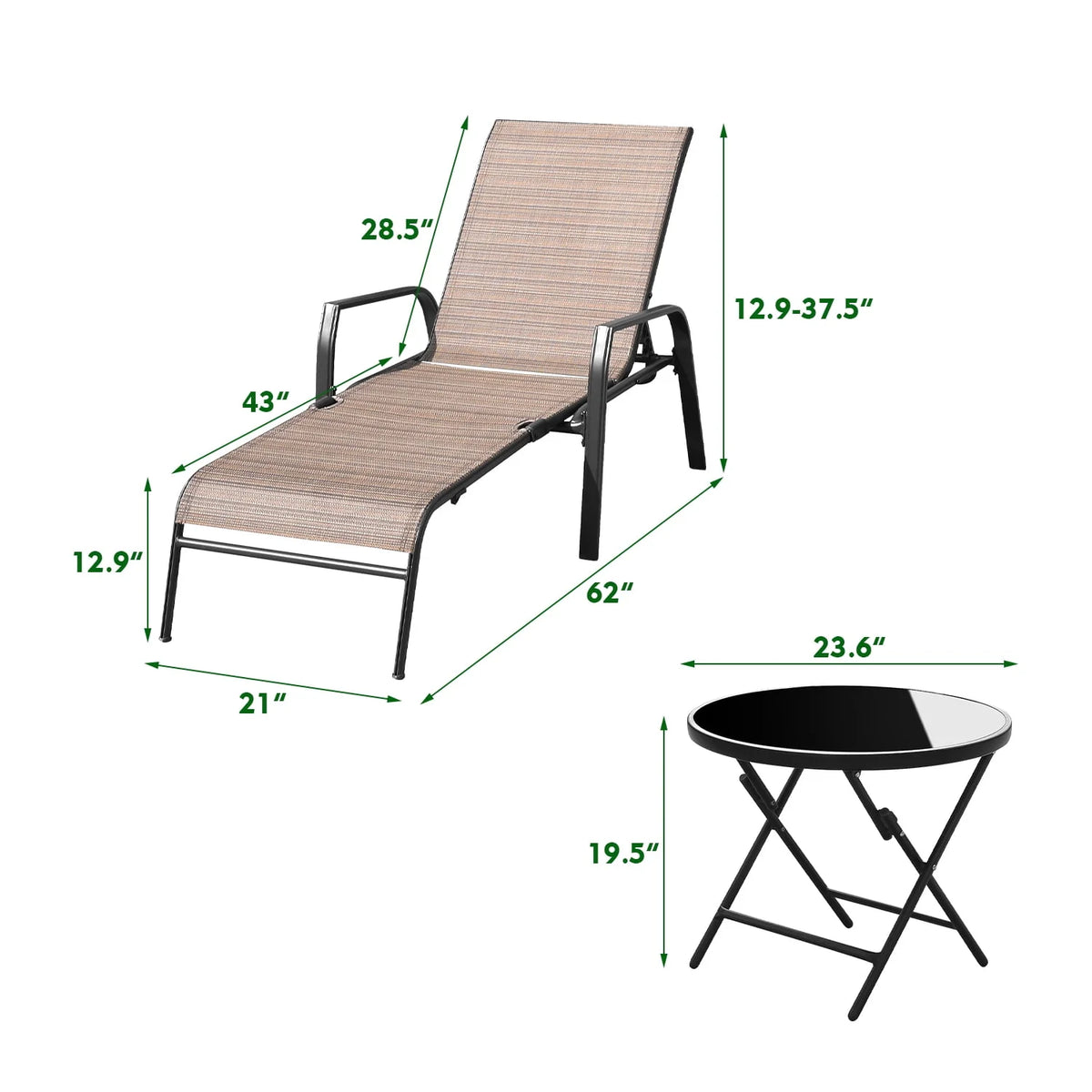 3 Pcs Adjustable Steel Outdoor Chaise Lounge Set with Tempered Glass K572370