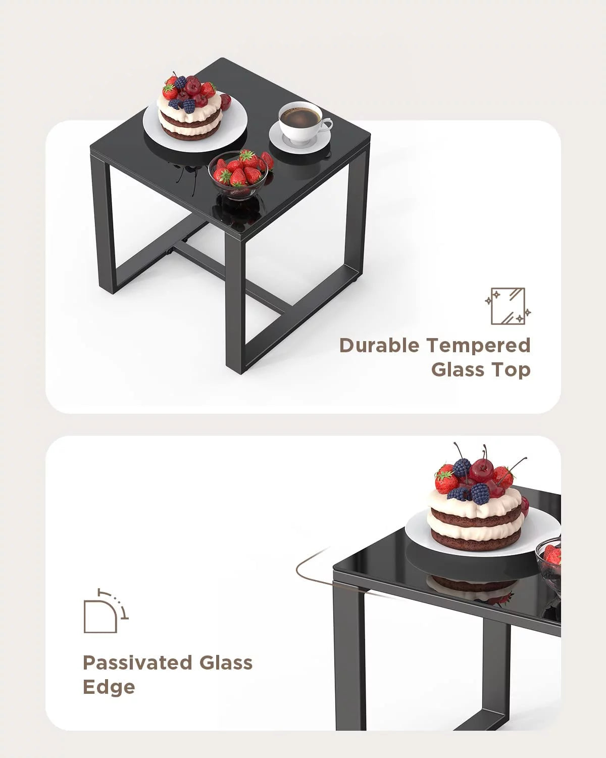 3 Pieces Wicker Patio Set with Glass Table Grey Cushion Y69476