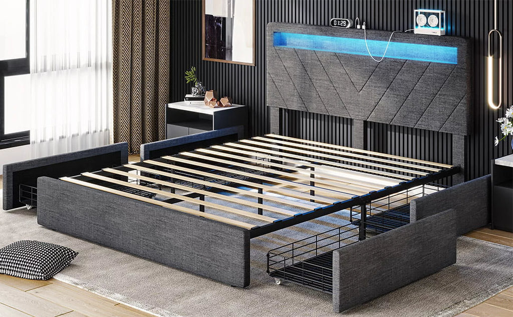 Queen Upholstered Platform Bed Frame with 4 Storage Drawers and LED Headboard A9811