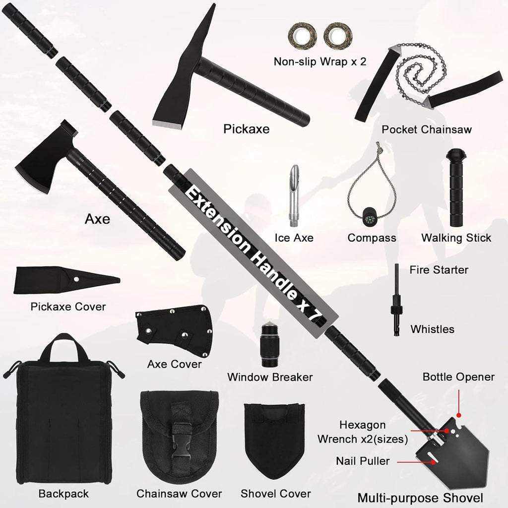 59.8 Inch High Carbon Steel Survival Shovel Axe Kit with Pickaxe Chainsaw T981